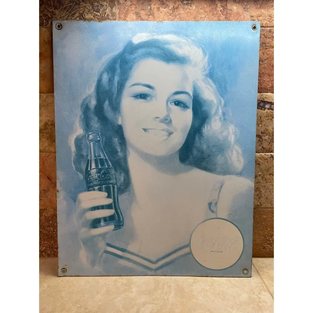 Sign Coca-Cola Beautiful Brunette Metal Tin Desperate Enterprises Blue